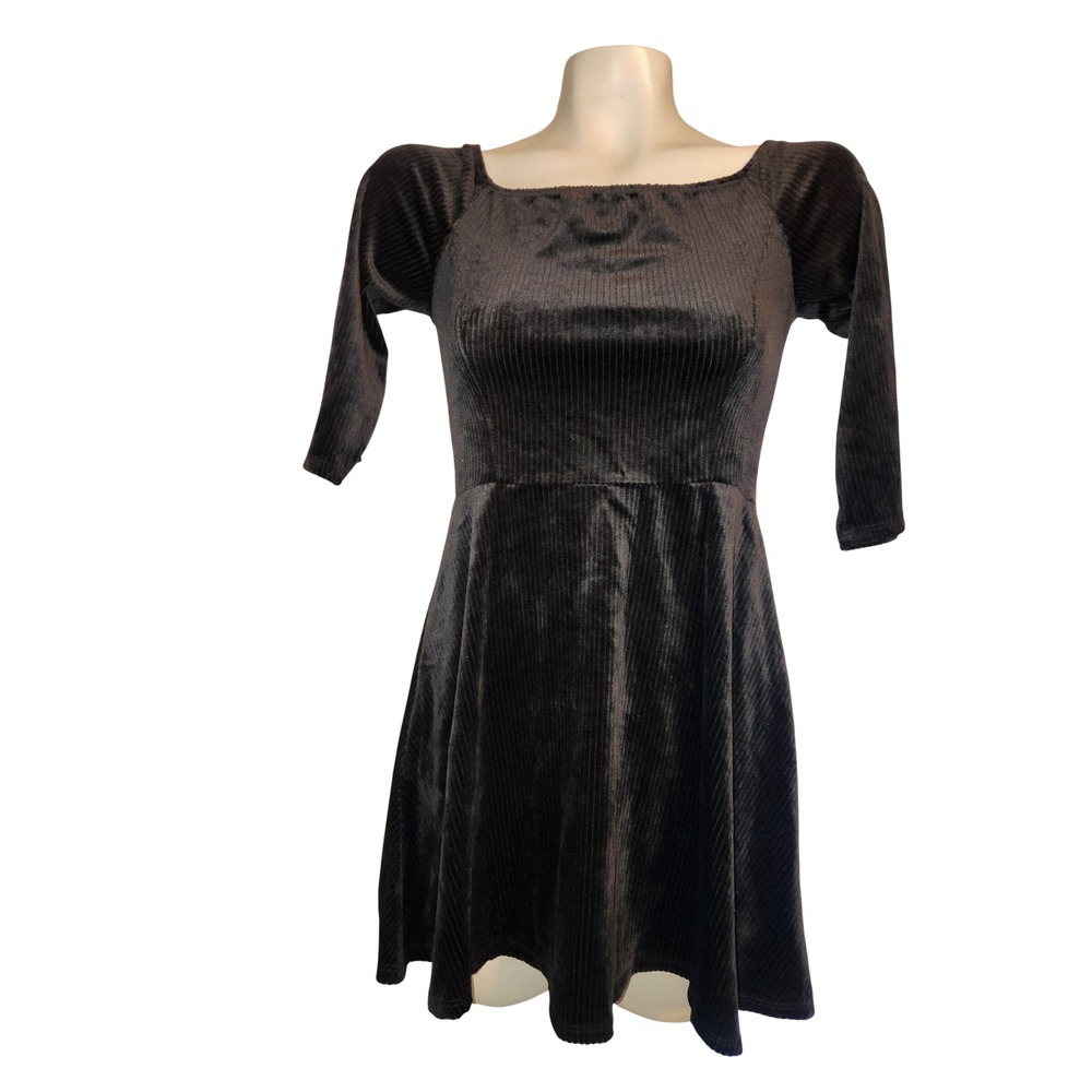 2bella Black Ribbed Velvet Square Neck Mini Dress ED3204 Womens M goth Y2K 90s